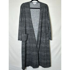 Lularoe Women's Black/Gray/White Plaid Open Duster With Pockets Size M Stretch
